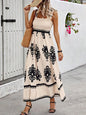 Smocked Printed Wide Strap Maxi Dress Tan S