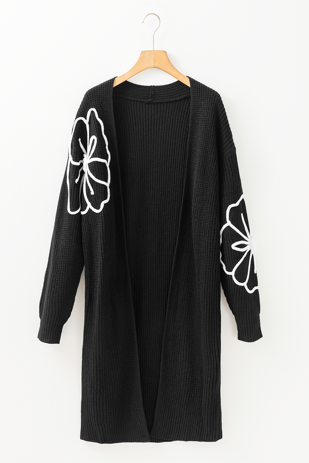 Black Flower Embroidered Drop Shoulder Open Front Duster Cardigan   