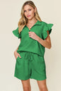 Texture Flounce Sleeve Top and Drawstring Shorts Mid Green L