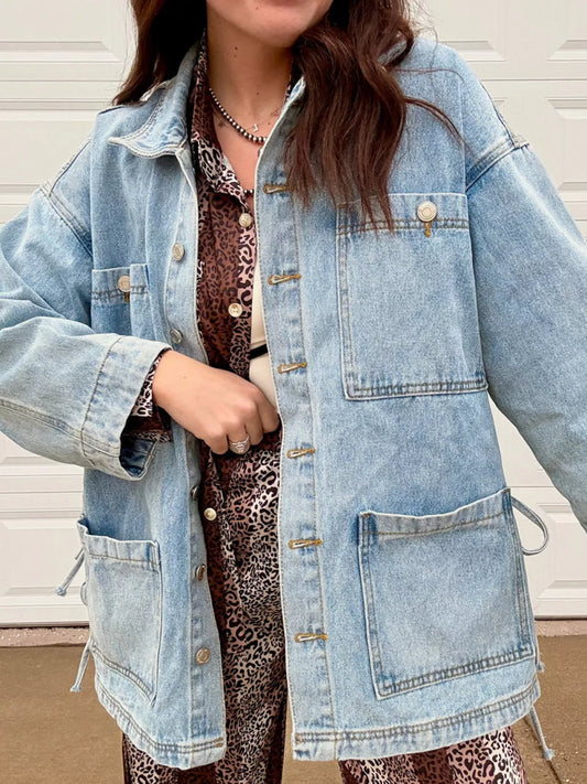 Patched Pockets Side Tie Denim Jacket Medium S