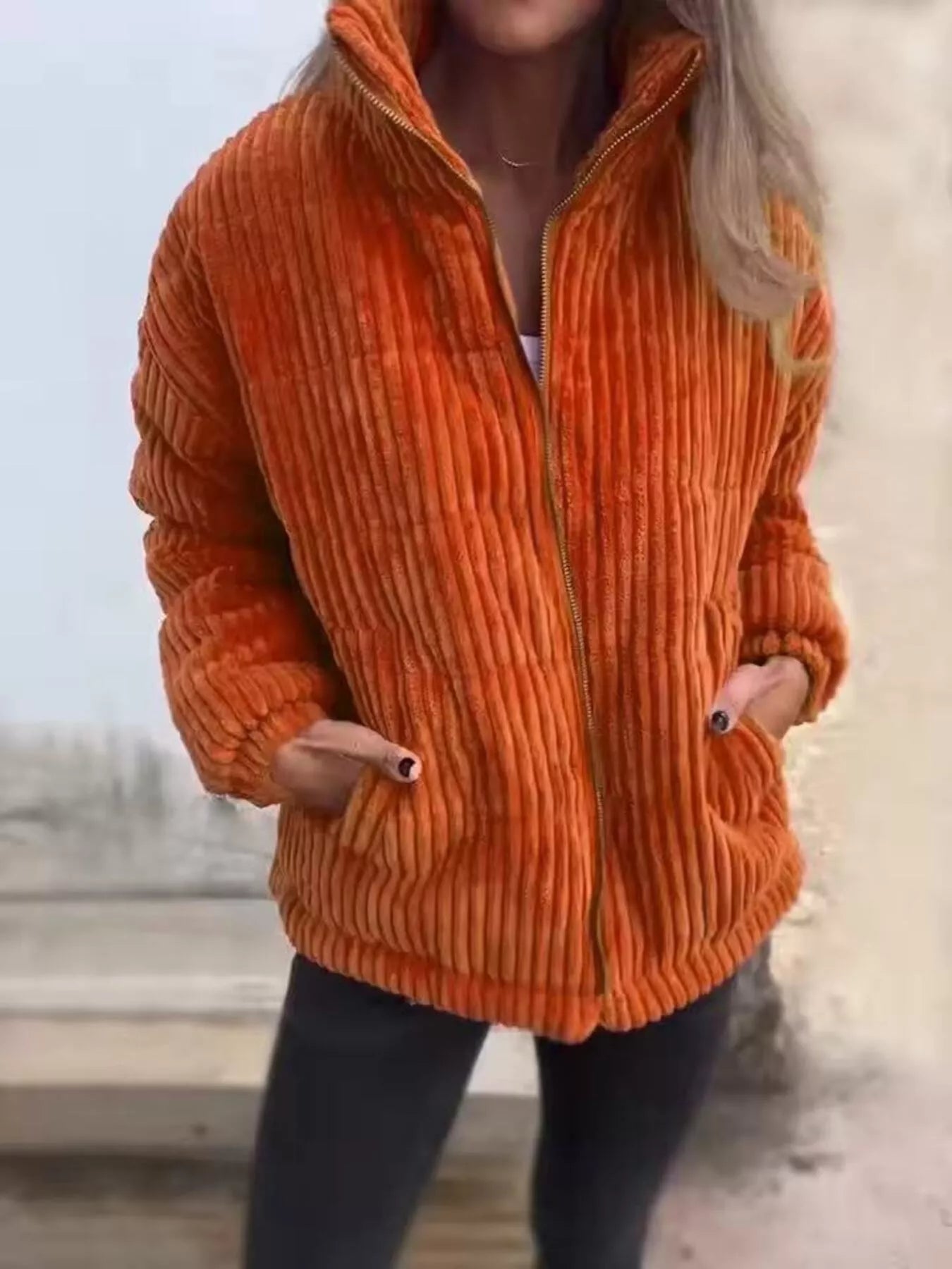 Full Size Zip Up Turtleneck Long Sleeve Winter Coat Plus Size Orange-red S