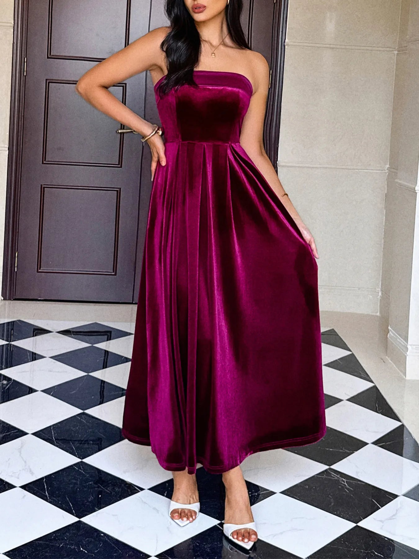 Velvet Tube Midi Dress Burgundy S