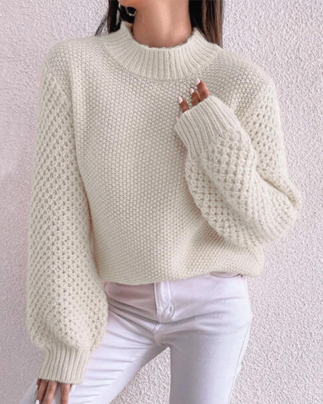 Openwork Mock Neck Long Sleeve Sweater Cream S 