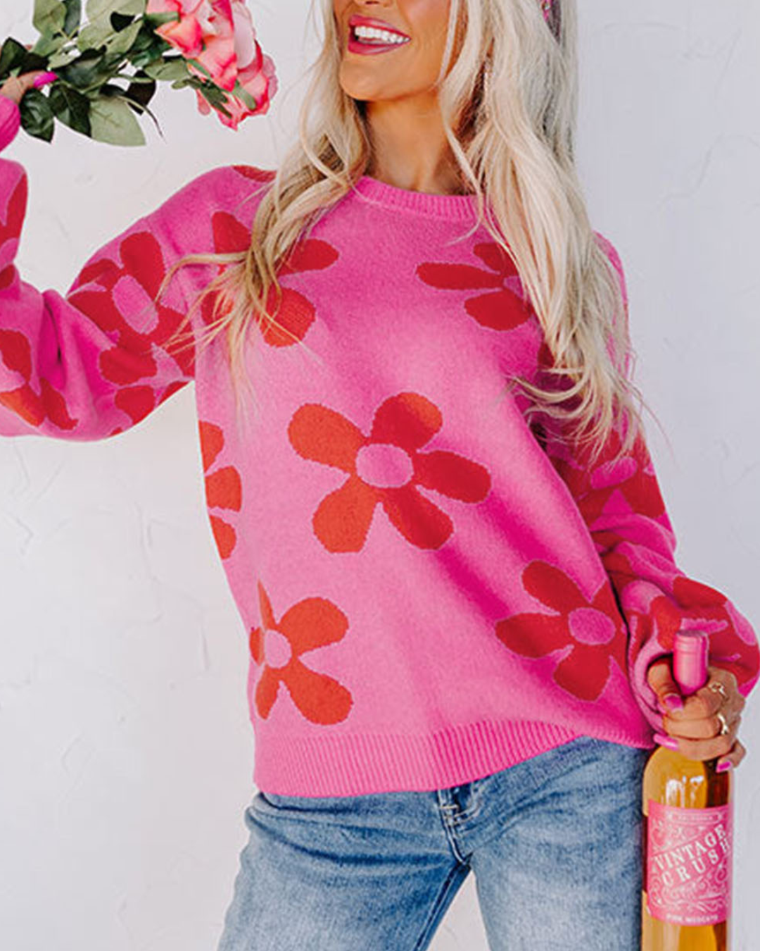 Flower Knit Ribbed Trim Sweater   