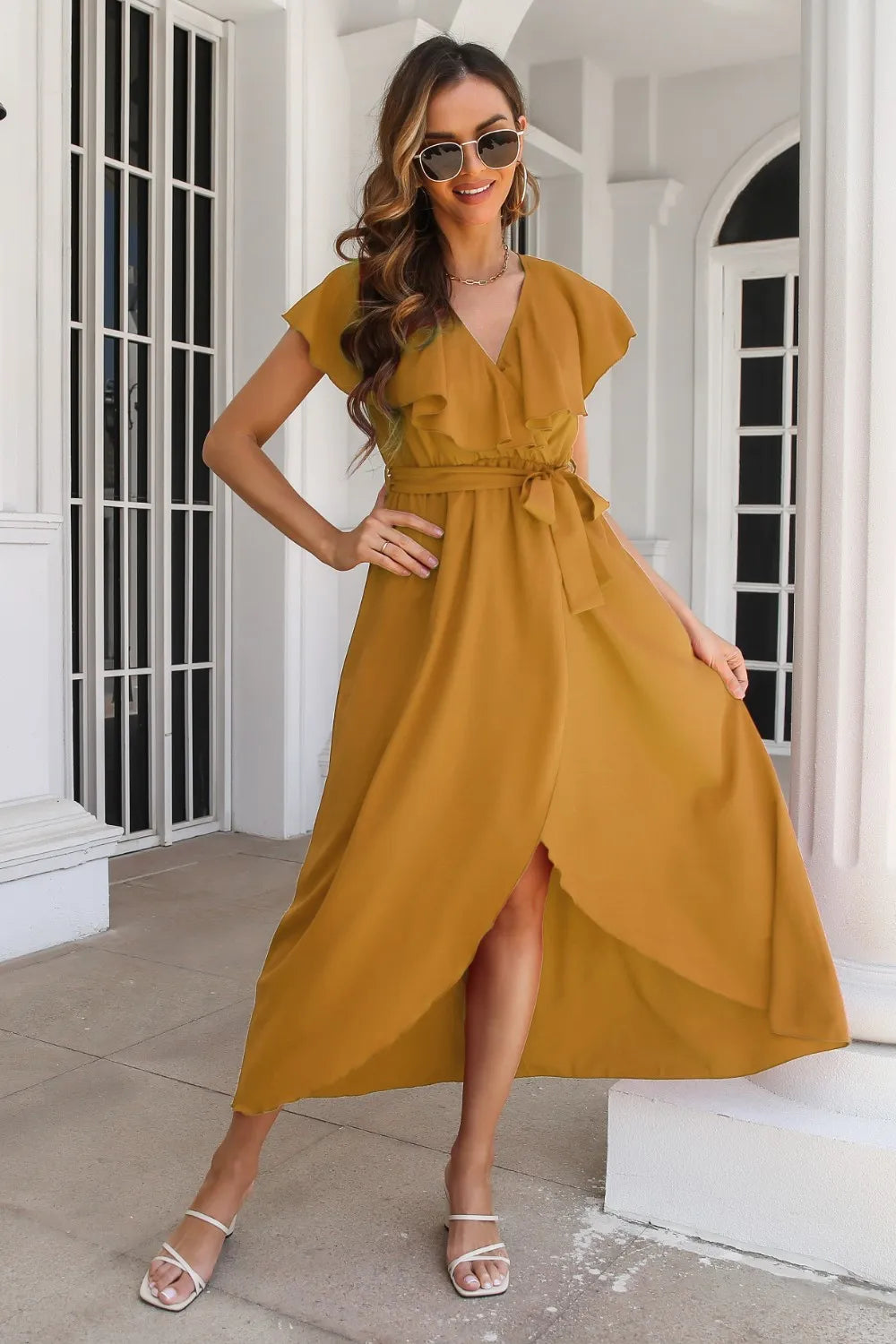 Ruffled Surplice Tie Waist Slit Midi Dress Mustard S