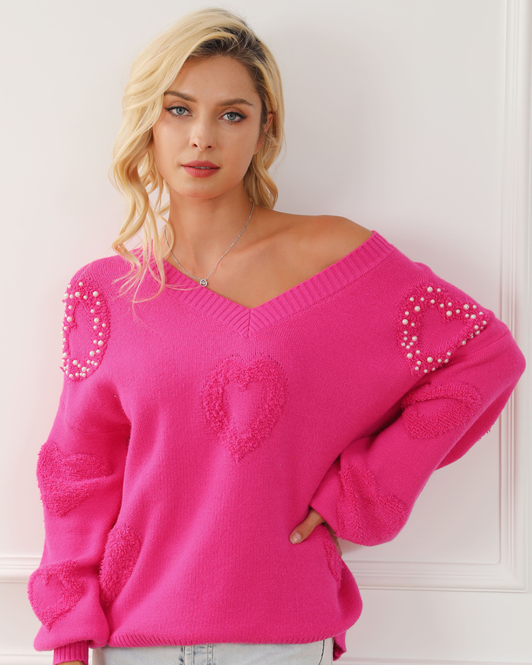 Pearl Embellished Hearts Sweater Rose Red S 