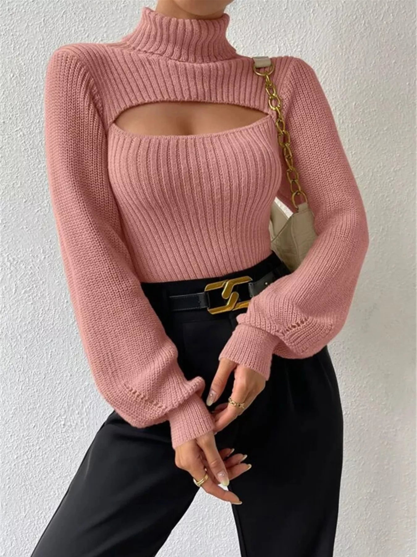Cutout Front Turtleneck Long Sleeve Sweater