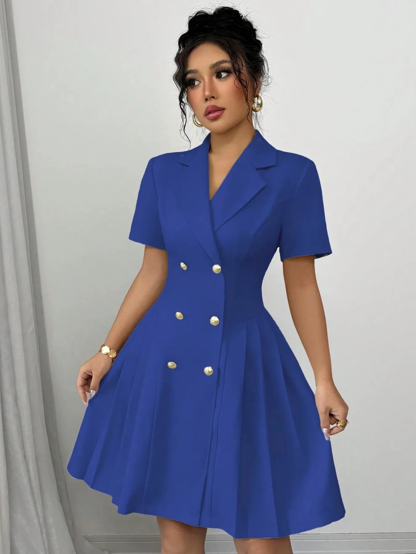 Double-Breasted Short Sleeve Dress Blue S
