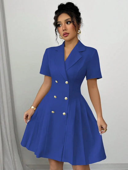 Double-Breasted Short Sleeve Dress Blue S
