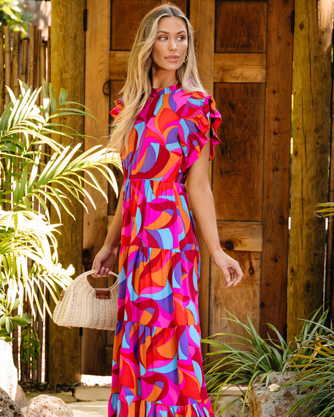 Orange Abstract Printed Ruffle Dress   