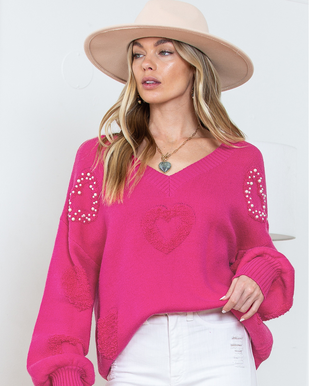 Pearl Embellished Hearts Sweater   