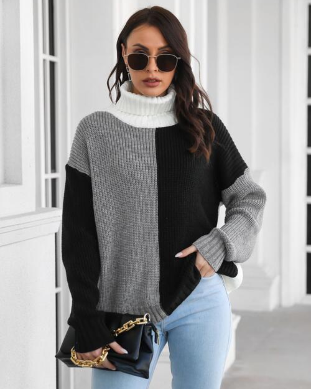 Contrast Turtleneck Long Sleeve Sweater Black S 