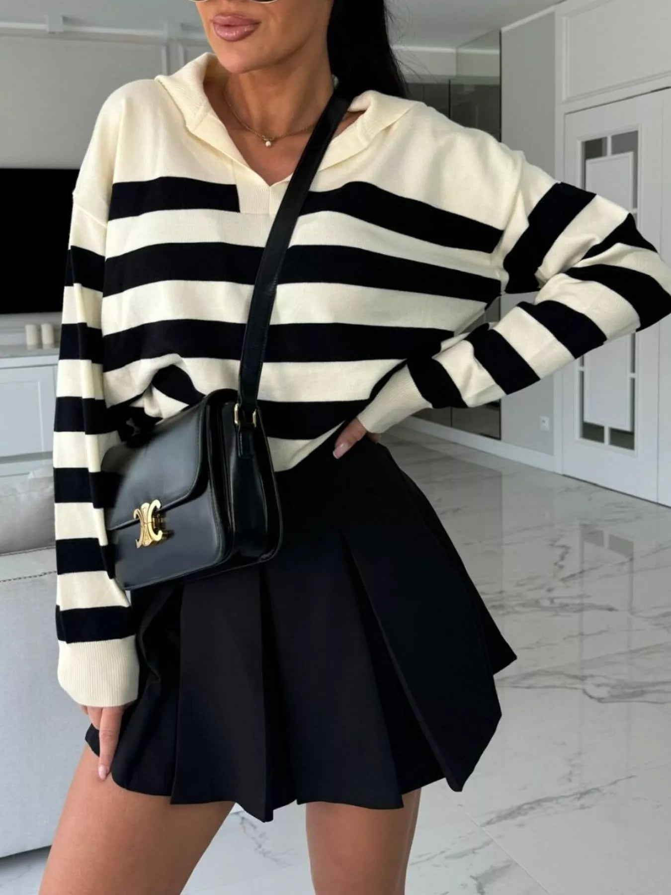 Striped Dropped Shoulder Knit Top Apricot S