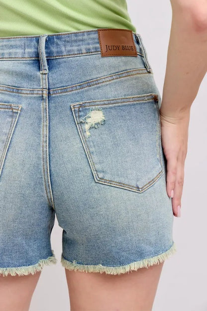 Judy Blue Fly Stitch Detail and Destroy Denim Shorts