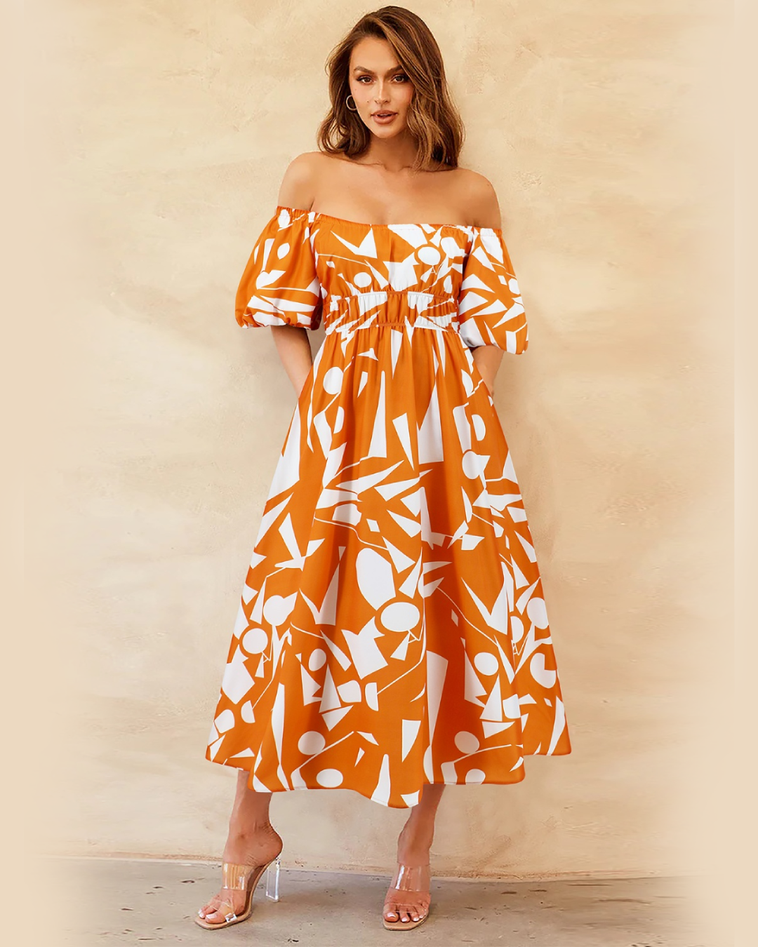 Printed Off-Shoulder Balloon Sleeve Dress Pumpkin S 