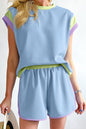 Blue Contrast Trim Cap Sleeve Tee Shorts Set Blue S