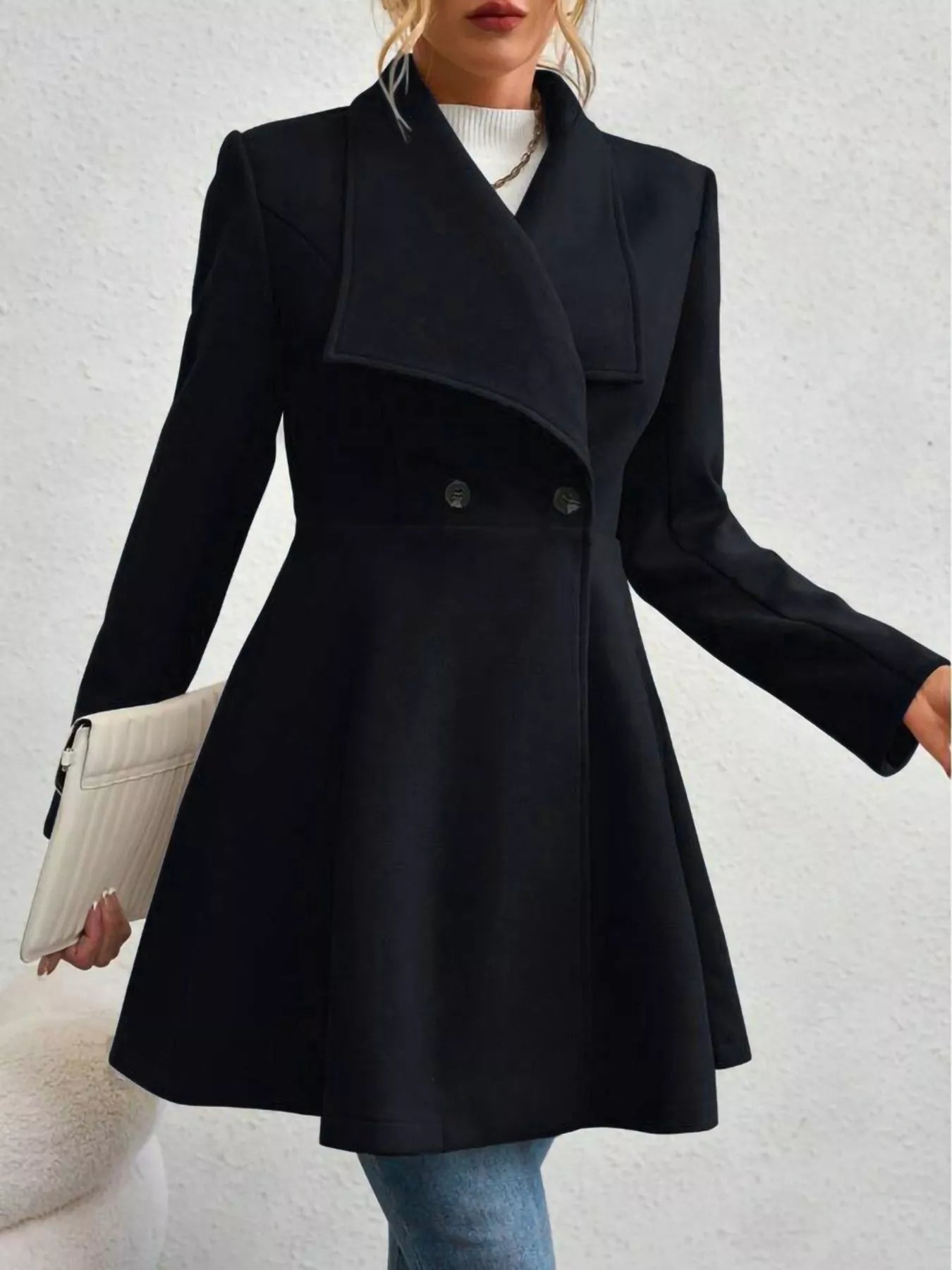 Collared Neck Double Breasted Coat Black S