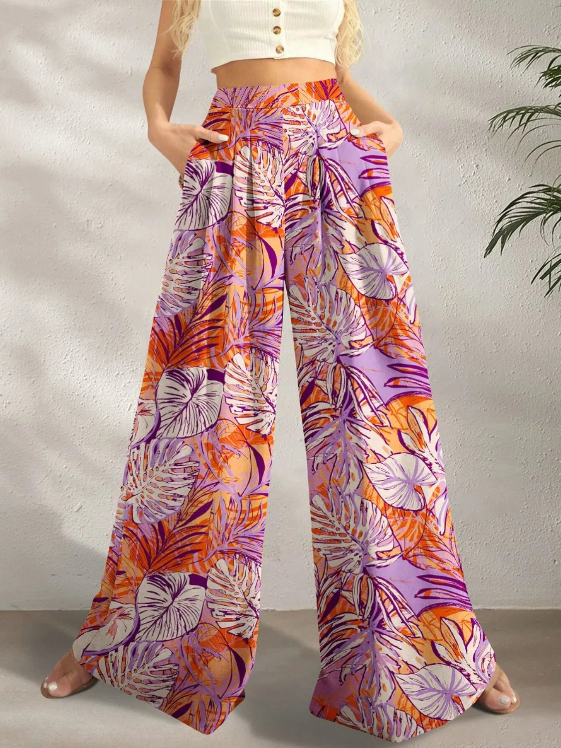 Printed Wide Leg Pants Pink Purple S