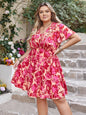 Plus Size Printed V-Neck Flutter Sleeve Dress Hot Pink 3XL