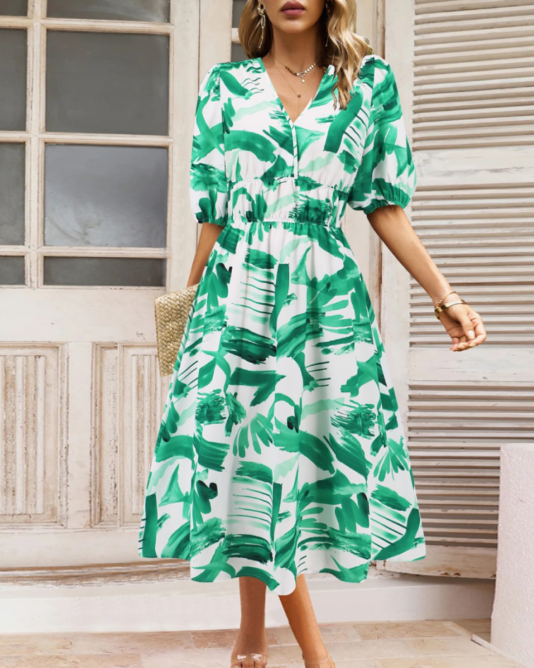 Ruched Printed Surplice Dress   