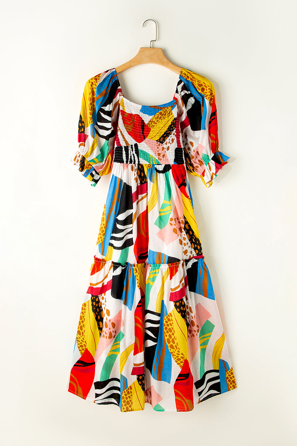 Smocked Abstract Printed Maxi Dress   