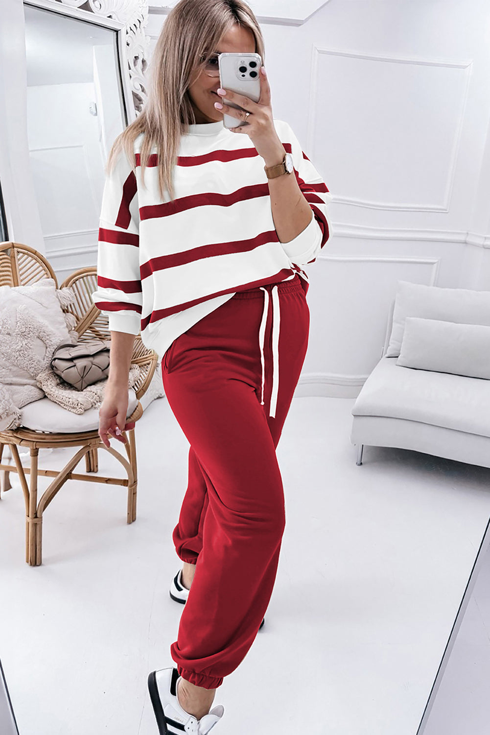 Red Stripe Drop Shoulder Pullover and Jogger Pants Set   