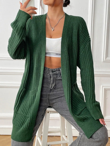 Open Front Drop Shoulder Cardigan Dark Green One Size