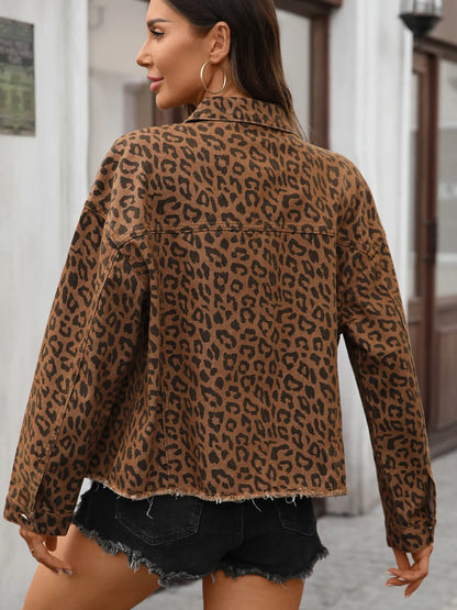 Leopard Print Raw Hem Denim Jacket