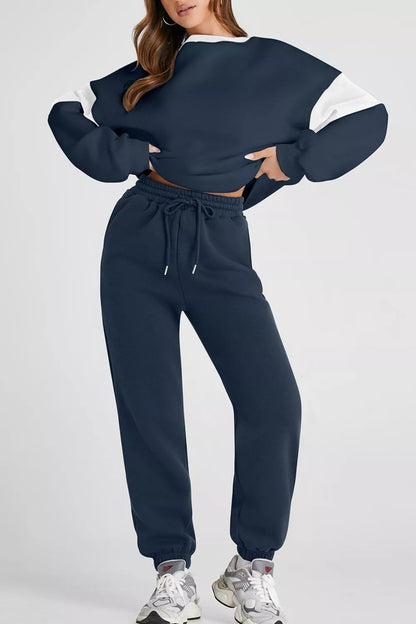 Drop Shoulder Loose Sweatshirt and Joggers Active Set Navy S