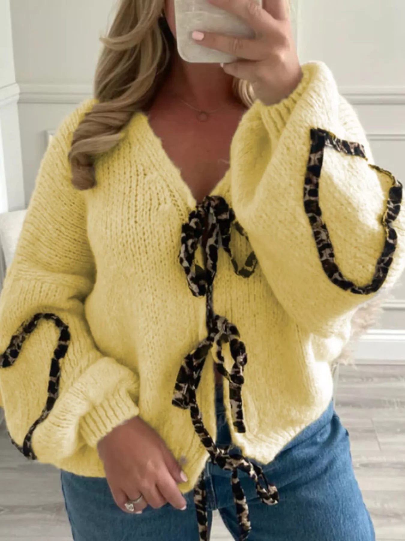 Tie Front Long Sleeve Sweater Yellow S