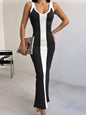 Contrast Wide Strap Slit Midi Dress Black S