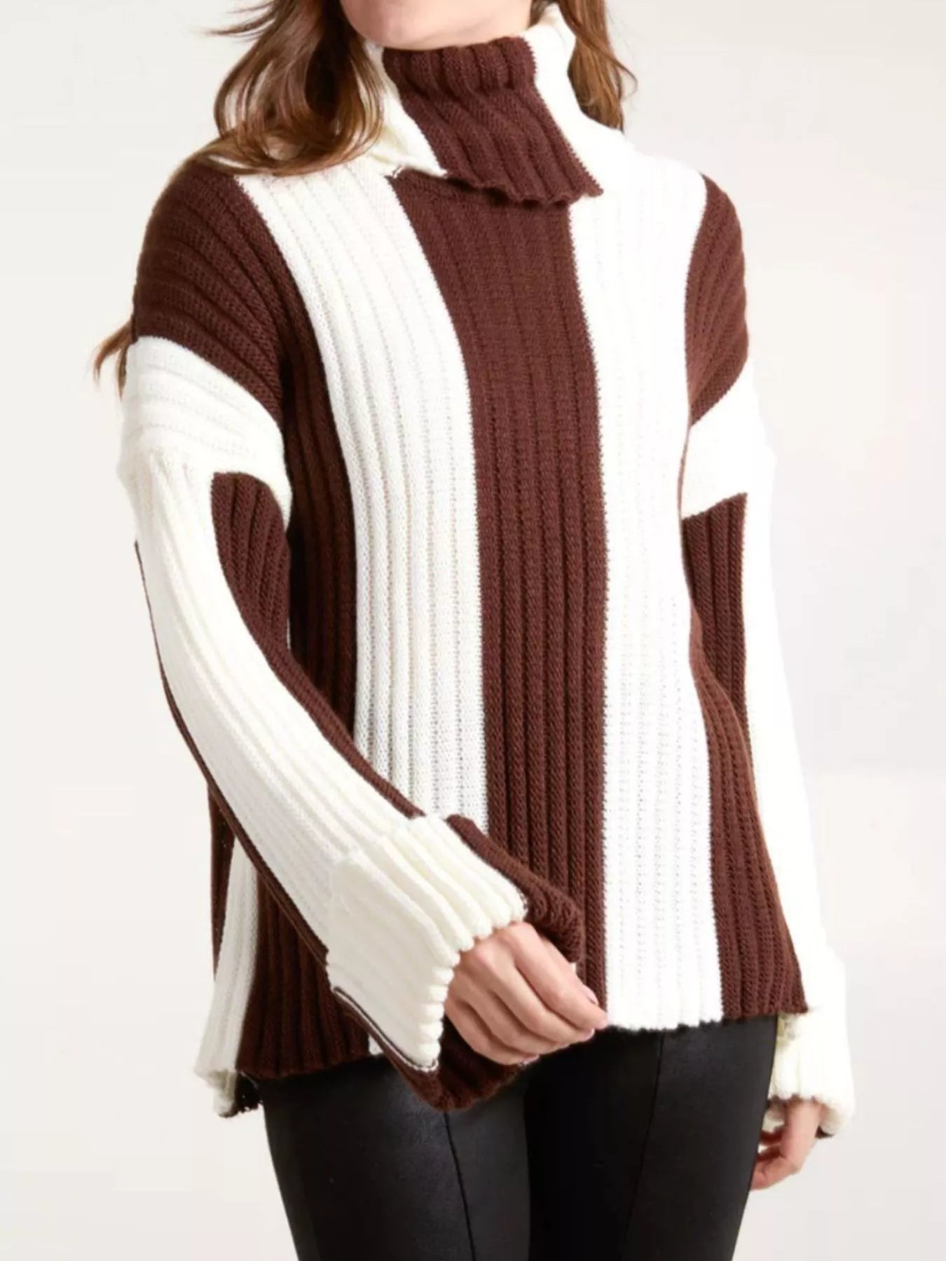 Color Block Ribbed Turtleneck Sweater Brown S