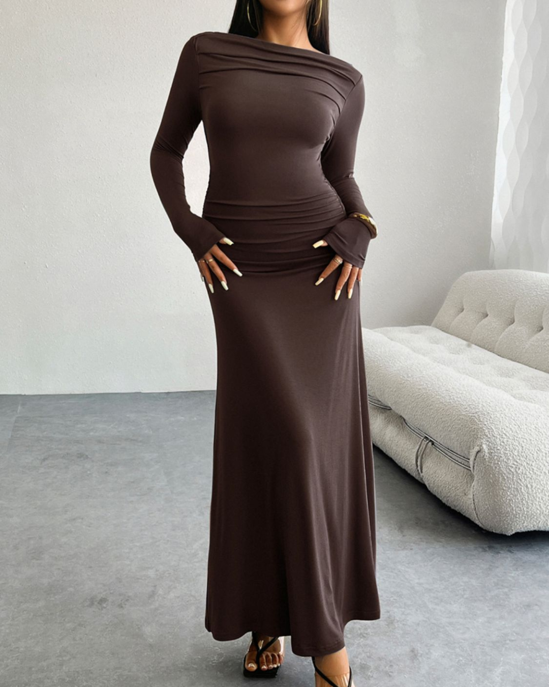 Ruched Long Sleeve Maxi Dress Coffee Brown S 