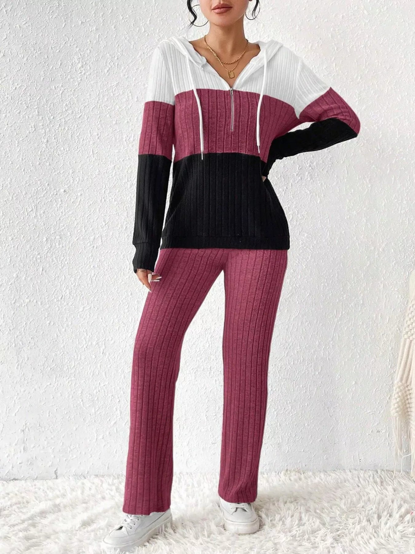 Color Block Half Zip Hooded Top and Pants Set Hot Pink S