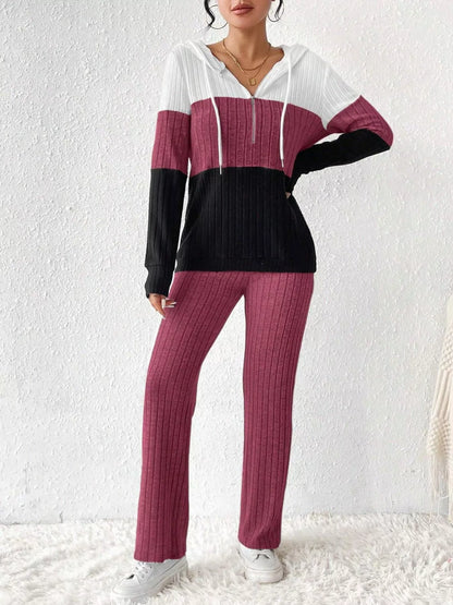 Color Block Half Zip Hooded Top and Pants Set Hot Pink S