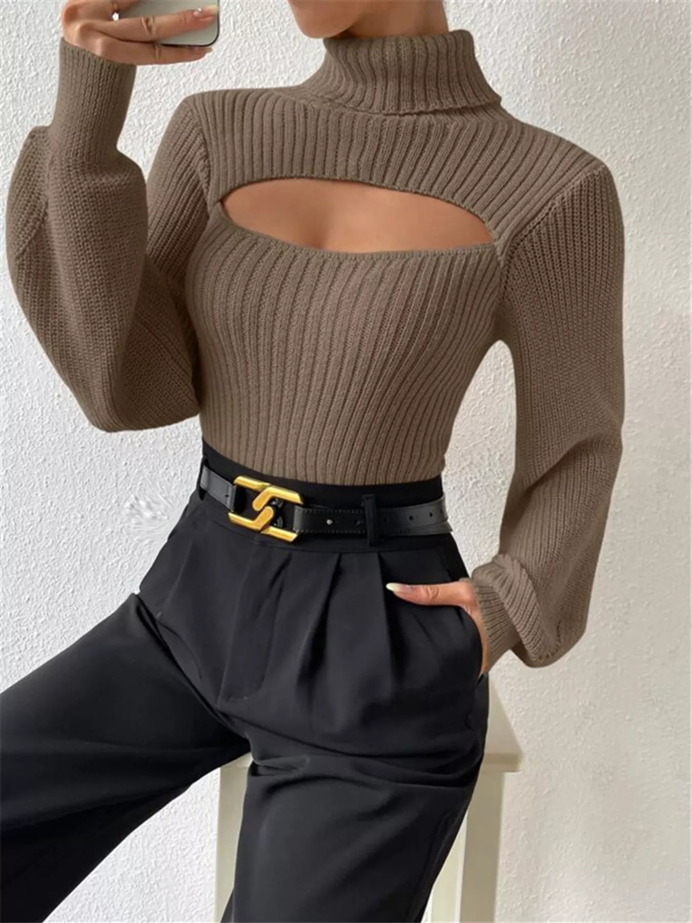 Cutout Front Turtleneck Long Sleeve Sweater