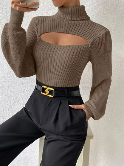 Cutout Front Turtleneck Long Sleeve Sweater