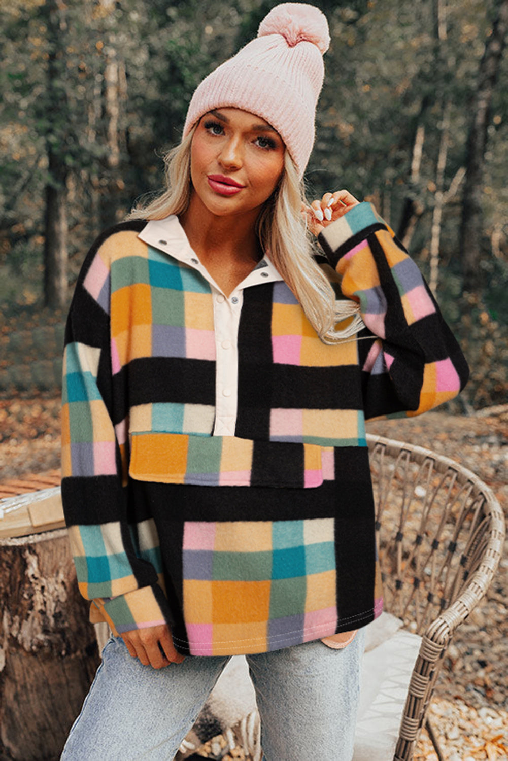 Black Plaid Print Pocketed Sweatshirt