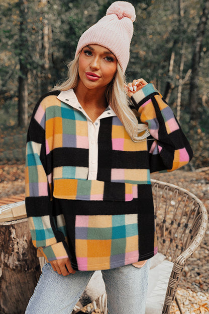 Black Plaid Print Pocketed Sweatshirt