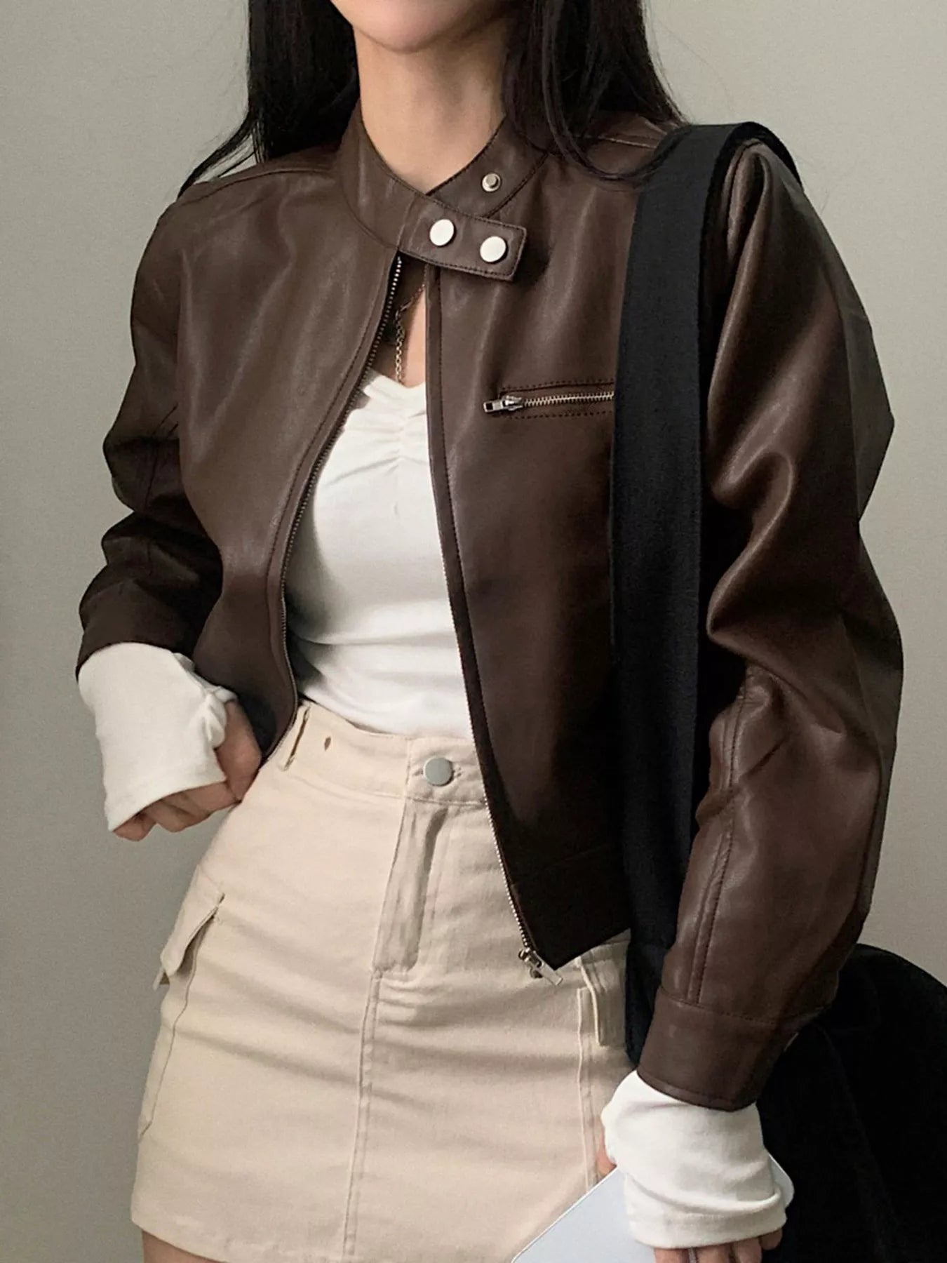 Cropped Zip Up Leather Jacket Brown S