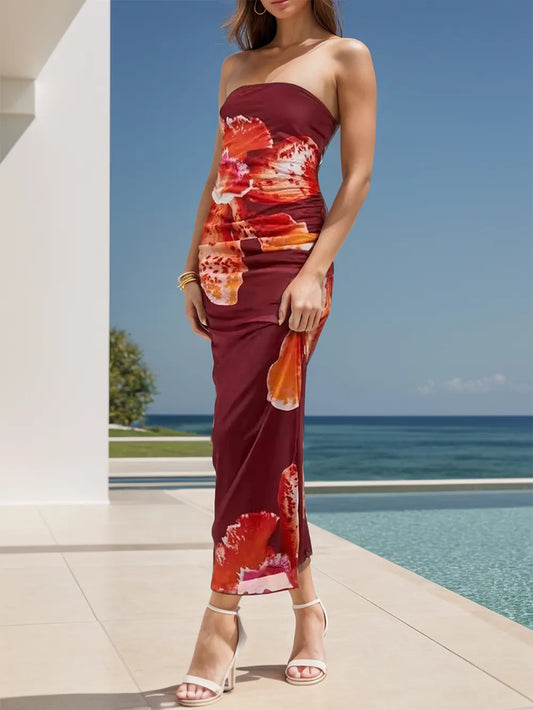 Printed Tube Sleeveless Maxi Dress Burgundy S