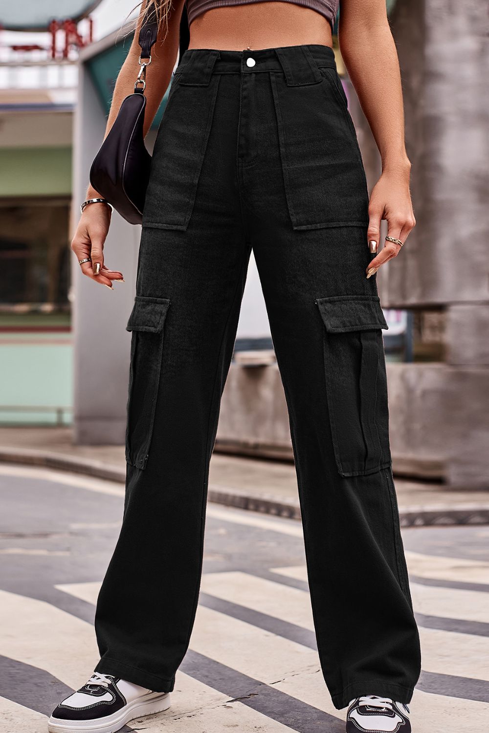 Buttoned High Waist Loose Fit Jeans Black S
