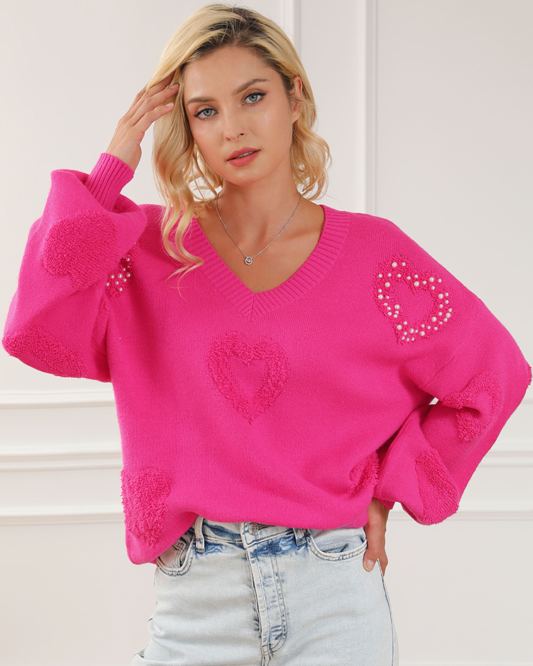 Pearl Embellished Hearts Sweater   