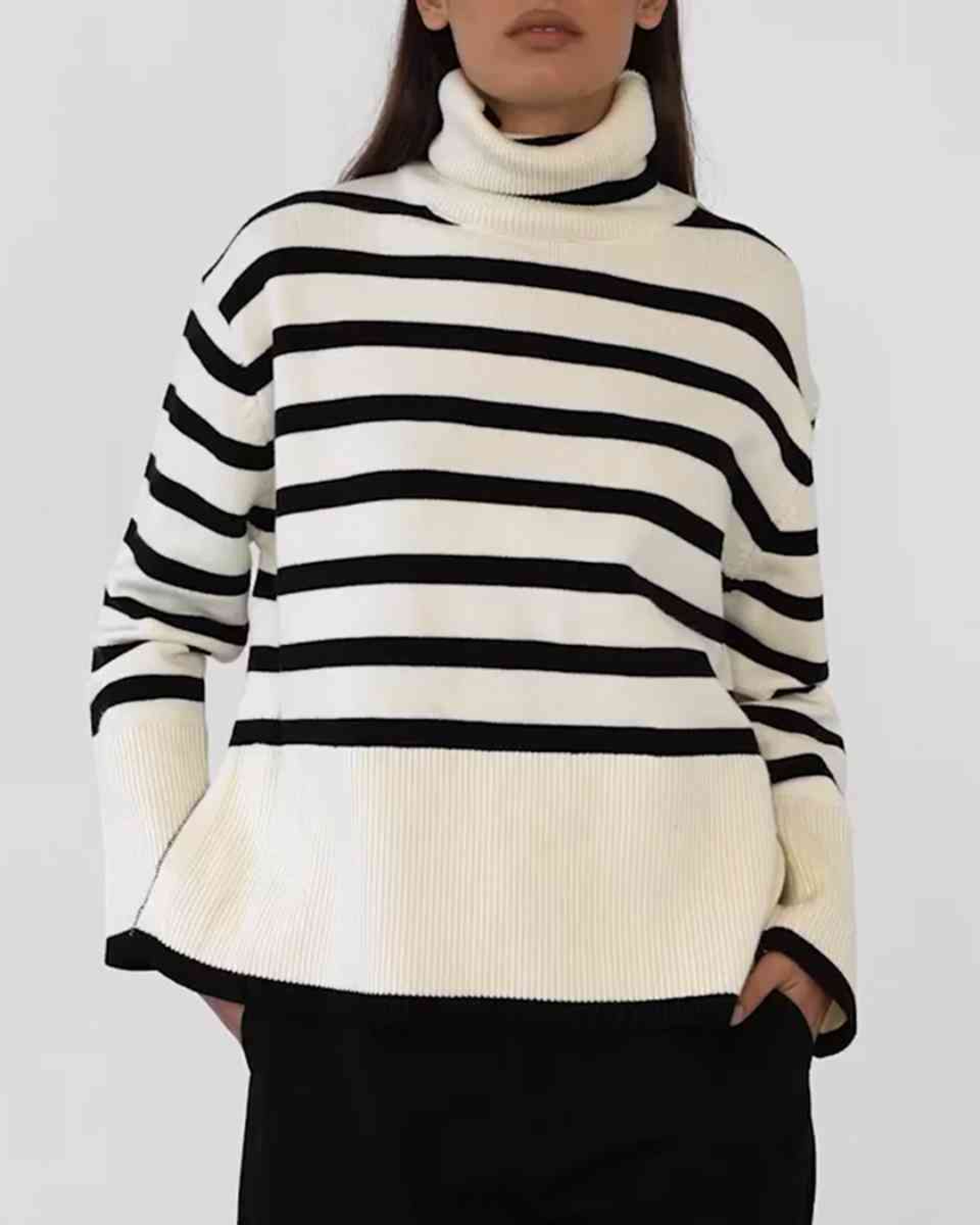 Striped Turtleneck Flare Sleeve Sweater White S 