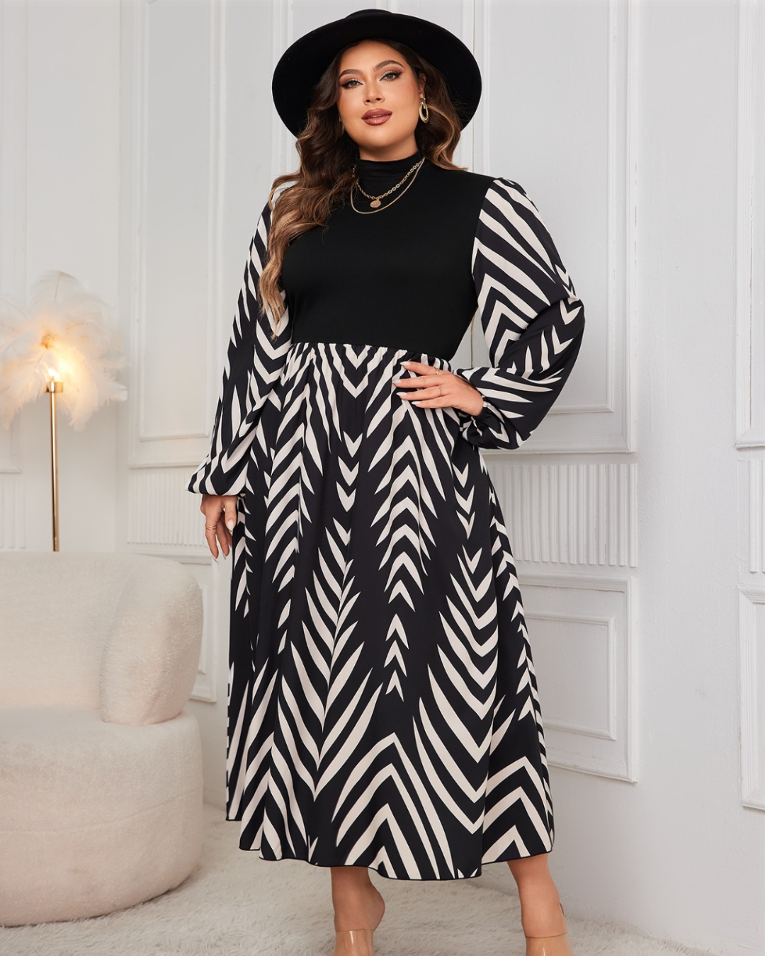 Plus Size Printed Mock Neck Midi Dress Black 1XL 