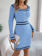 Contrast Trim Long Sleeve Sweater Dress Pastel Blue S