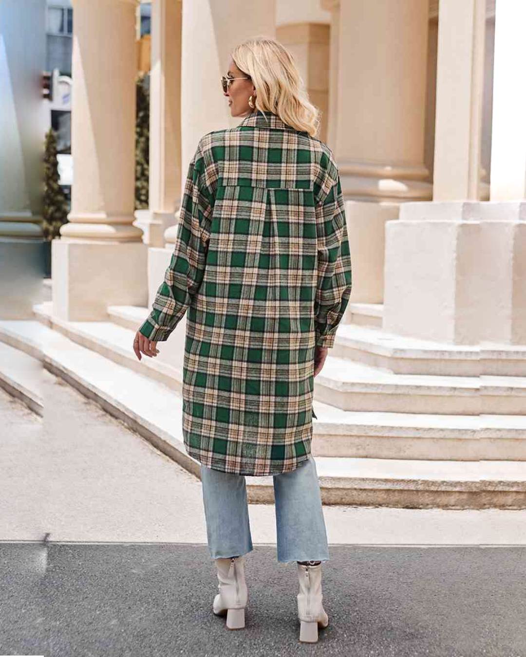 Plaid Collared Neck Long Sleeve Coat   