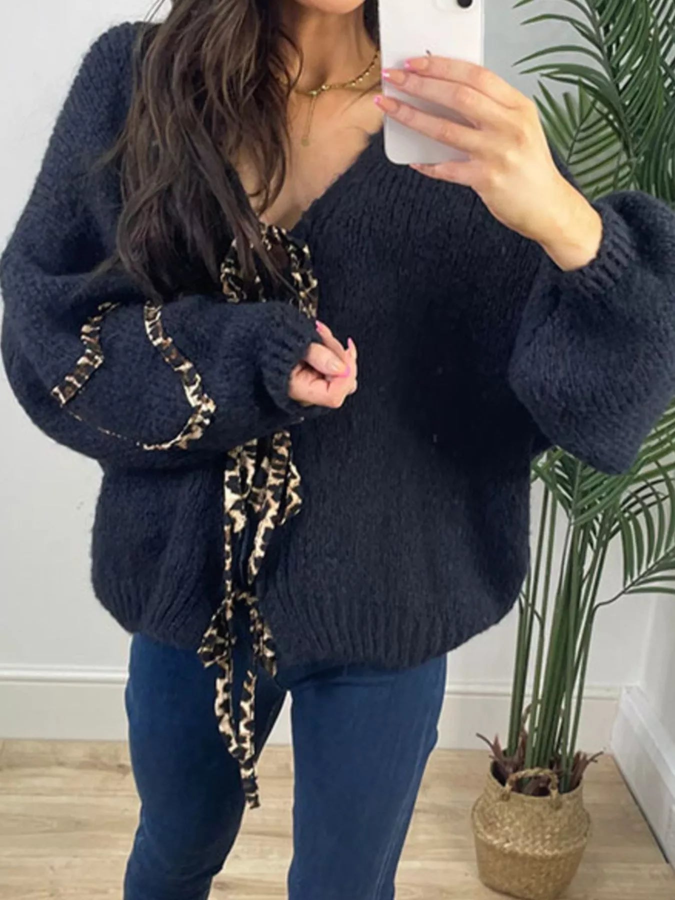 Tie Front Long Sleeve Sweater Dark Blue S
