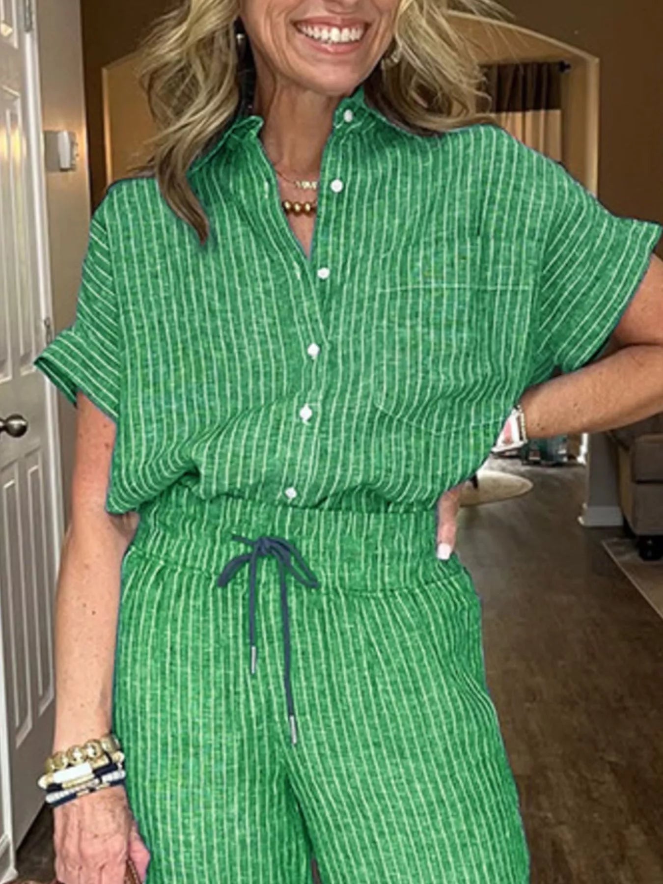 Striped Button-Up Shirt With Wide Leg Pants
