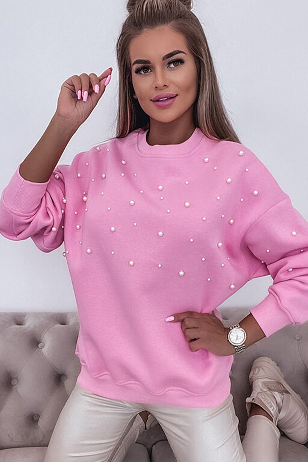 Pearl Ribbed Crew Neck Sweatshirt   